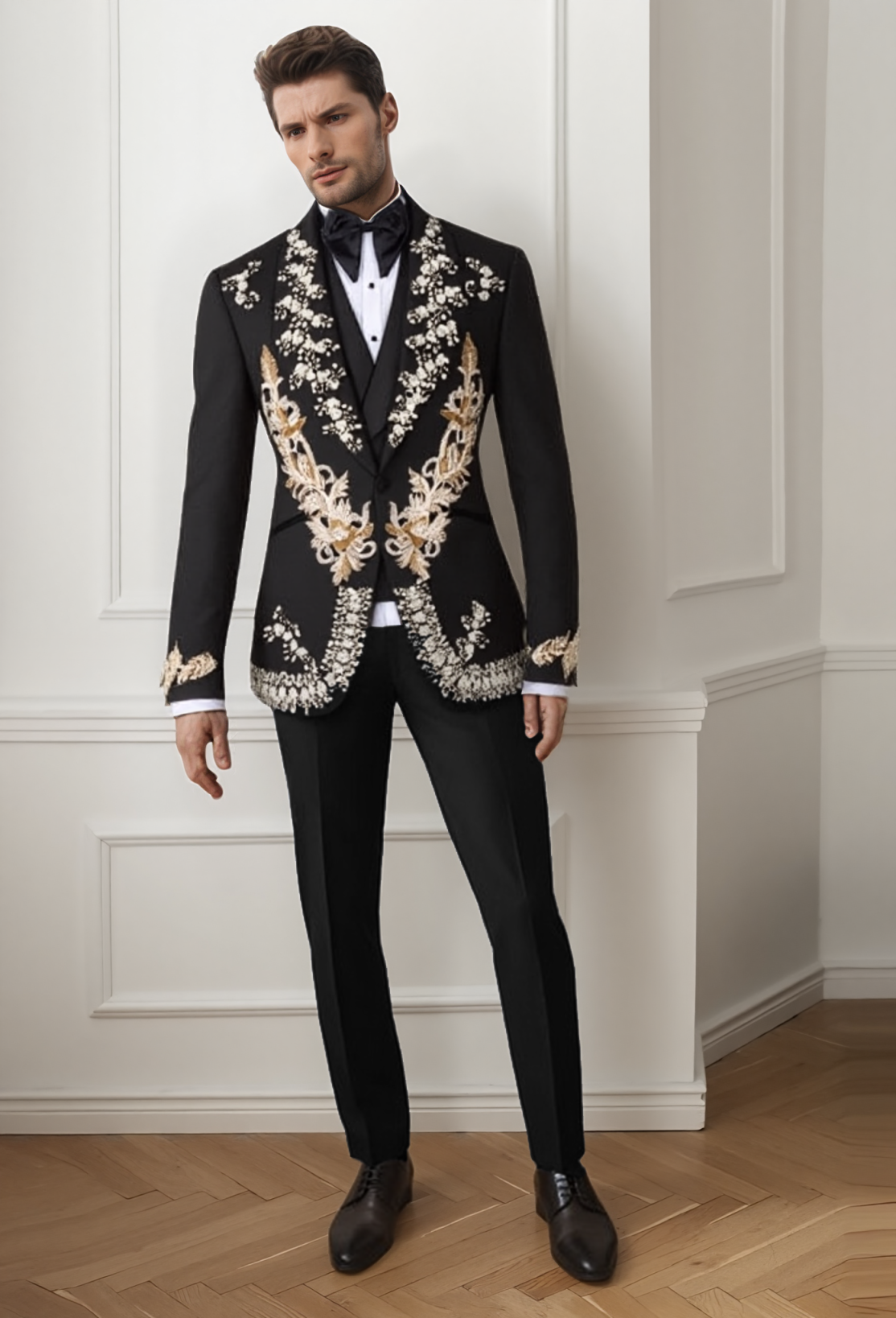 Men's Black Tuxedo with Flower Applique Beaded Tuxedo Slim Fit Shawl Lapel Blazer for Dinner Prom Wedding