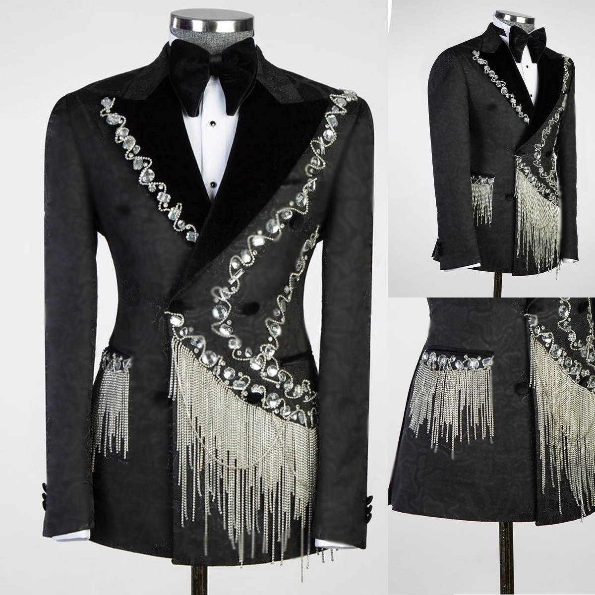 Men's Tuxedo Suits with Rhinestone Shiny Double Breasted Blazer Prom Slim Jacket Pants Set for Wedding,Party,Dinner