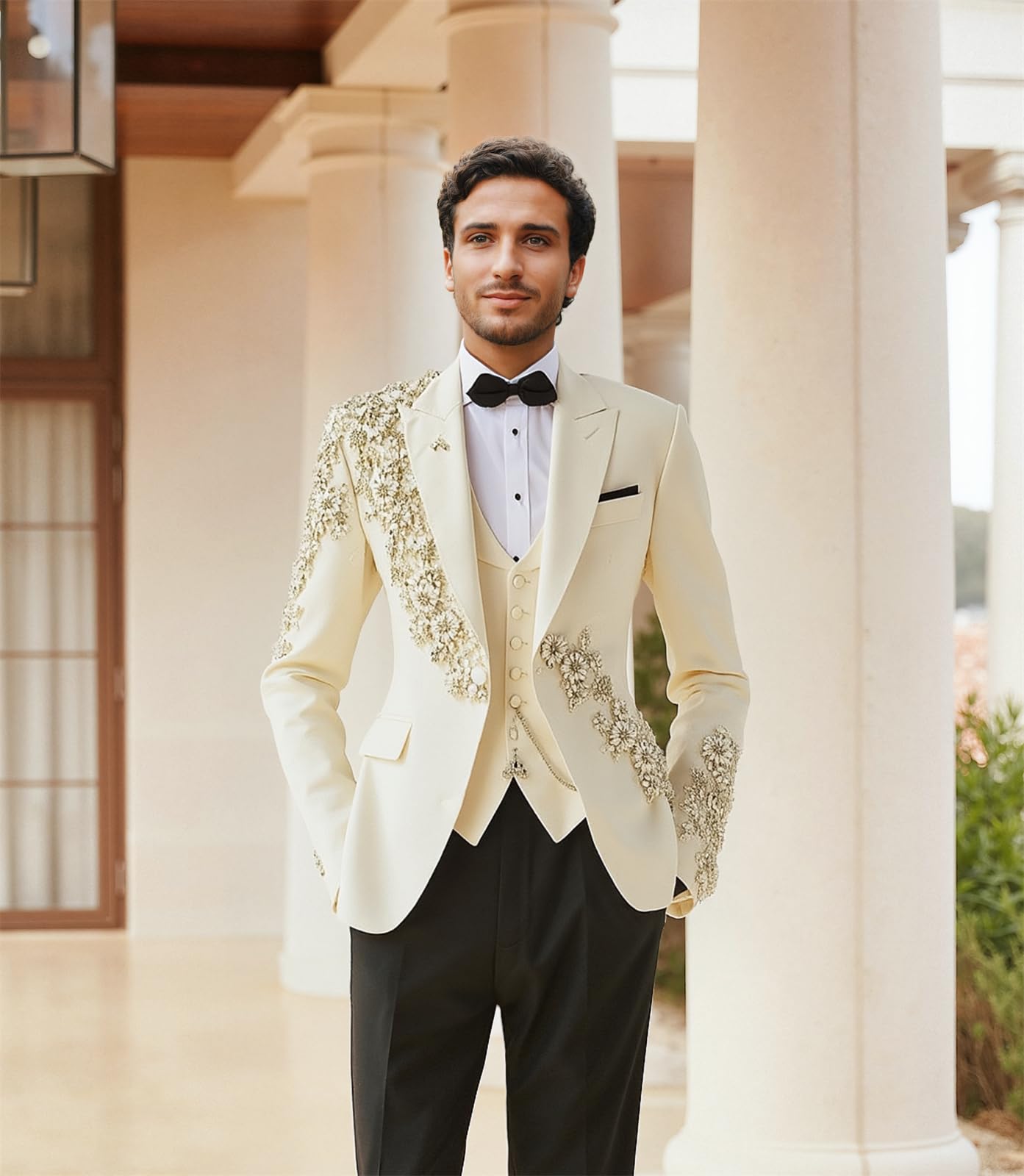 Men's 2-Piece Beaded Floral Sequin Tuxedo Suit - White