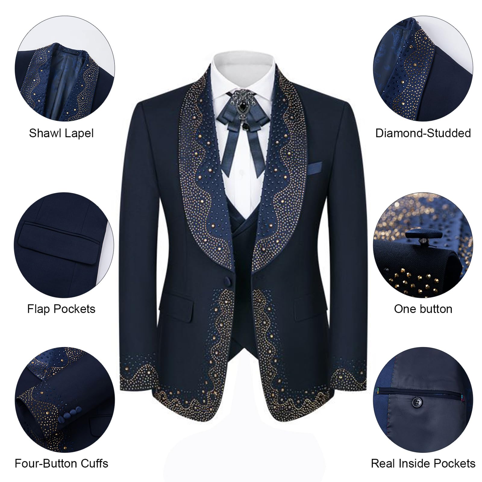 Men's 3-Piece Rhinestone Shawl Lapel Tuxedo Suit