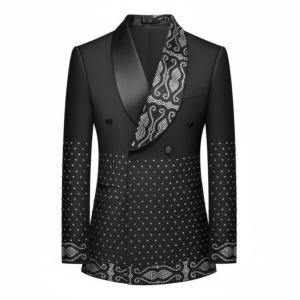 Rhinestone Embellished Double-Breasted Tuxedo Blazer