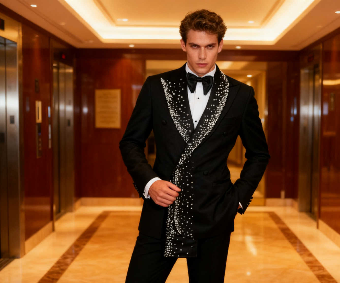 Men's Black Double Breasted Tuxedo Jacket with Gradient Waterfall Rhinestone Peak Lapel, Slim Formal Blazer for Groom Wedding Banquet Stage