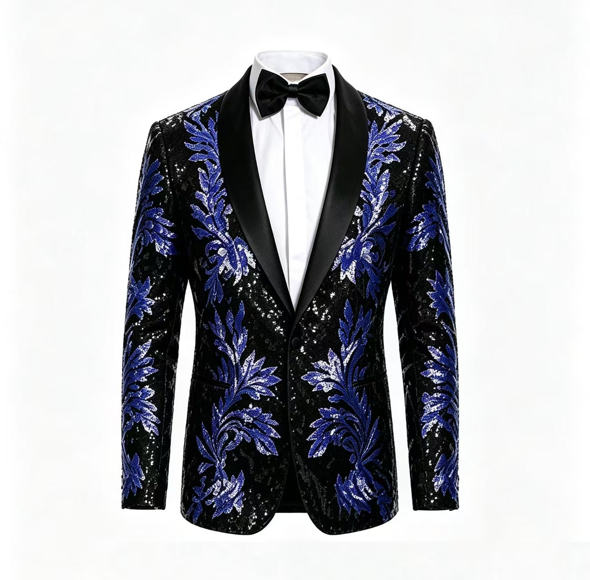 Fully customizable two‑piece men tuxedo with eye‑catching floral applique and sequin decoration. Adjust fabric, colour, size, silhouette and details for prom, wedding and grand formal occasions.