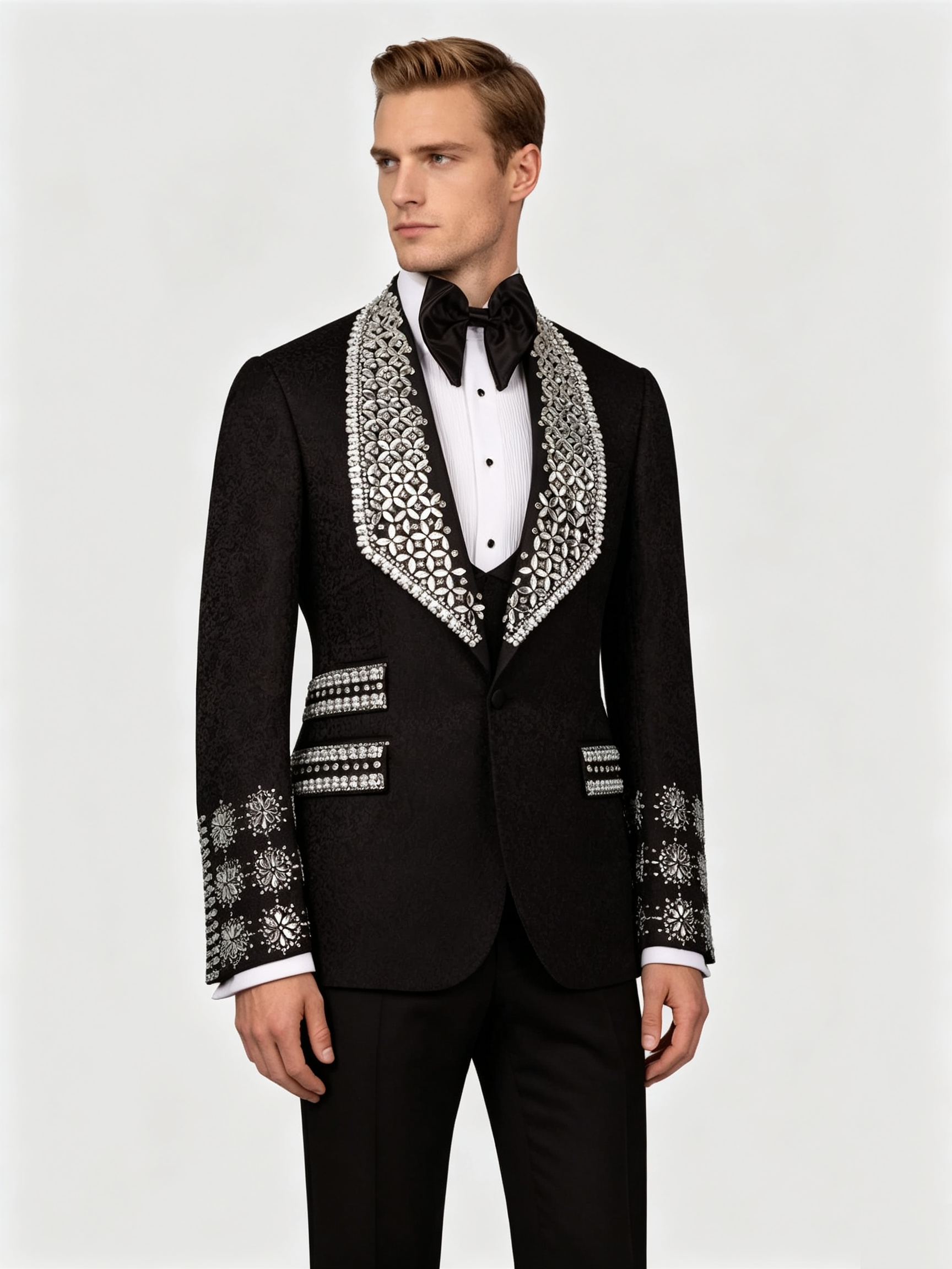 Fully customizable jacquard tuxedo blazer fitted with handmade sparkling rhinestone decoration. Custom‑adjust fabric, color, size, cut and details, ideal for wedding, prom and gala occasions.