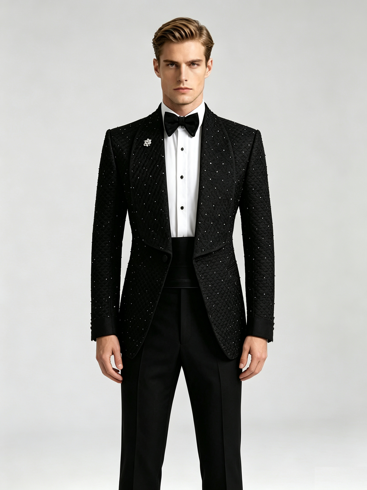 Custom Slim‑Fit Rhinestone Shawl Lapel Tuxedo Set, Stretch Fabric for Wedding Graduation Formal Events | MANVISS