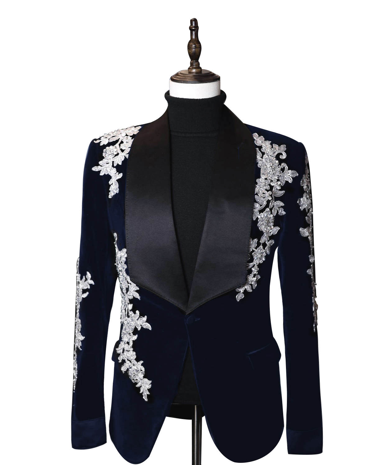 Luxury Dark Green Velvet Tuxedo Jacket, Handmade Silver Floral Rhinestone Embroidery Shawl Lapel Slim Fit Suit for Groom Wedding Host Gala Party