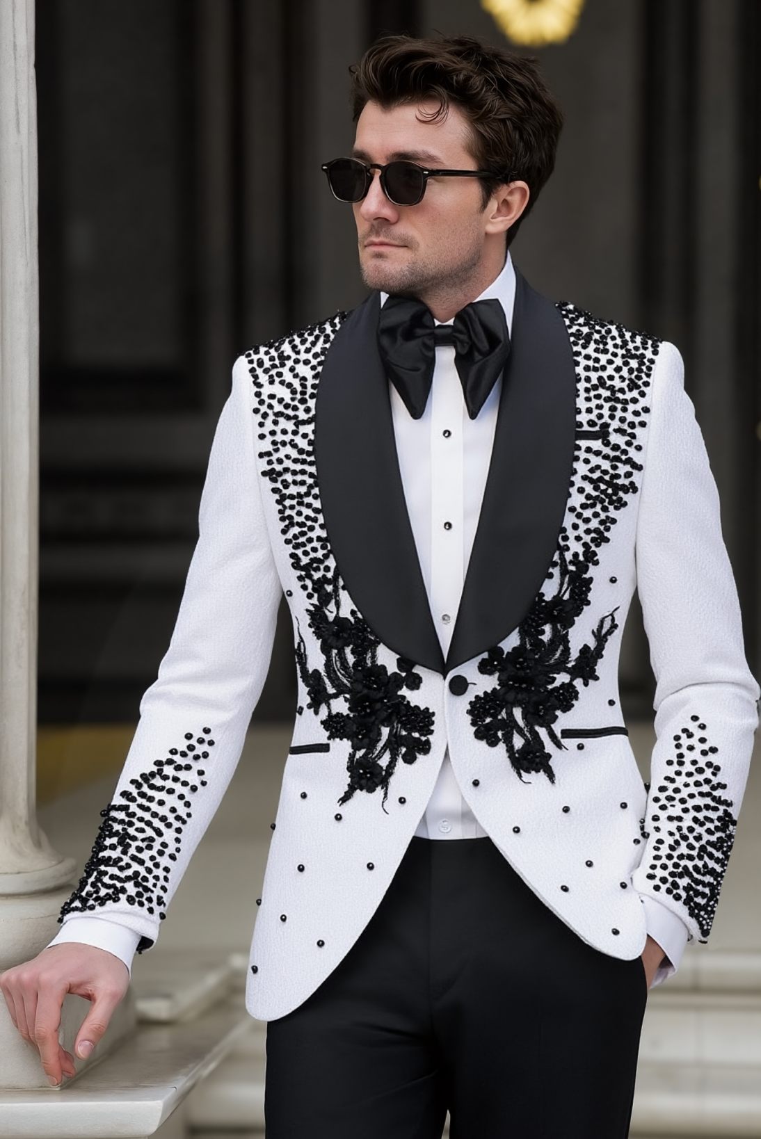 Custom Men's Tuxedo for Groom, Luxurious Beaded Appliqué Slim Fit Single-Button Suit Jacket for Wedding, Prom & Banquet